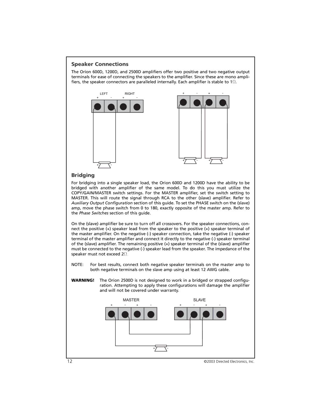 Orion Car Audio 2500D, 600D, 1200D manual Speaker Connections, Bridging 