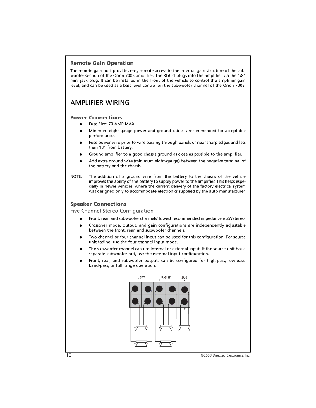 Orion Car Audio 7005 manual Amplifier Wiring, Remote Gain Operation, Power Connections, Speaker Connections 