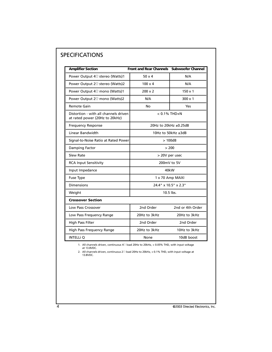 Orion Car Audio 7005 manual Specifications, Amplifier Section, Crossover Section 