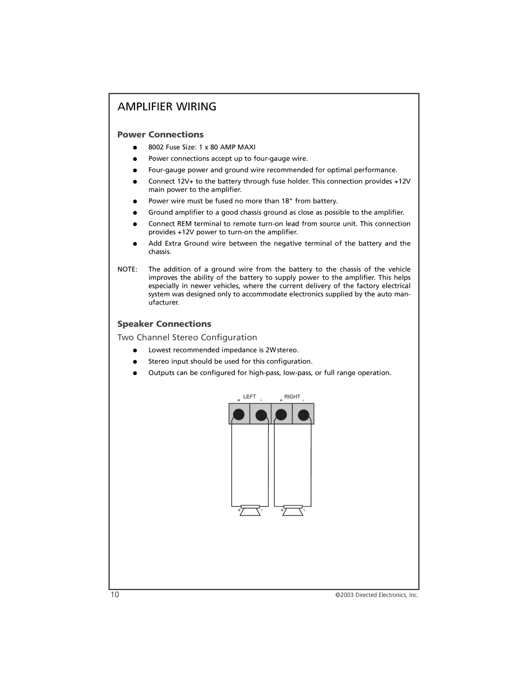 Orion Car Audio 8002 manual Amplifier Wiring, Power Connections, Speaker Connections 