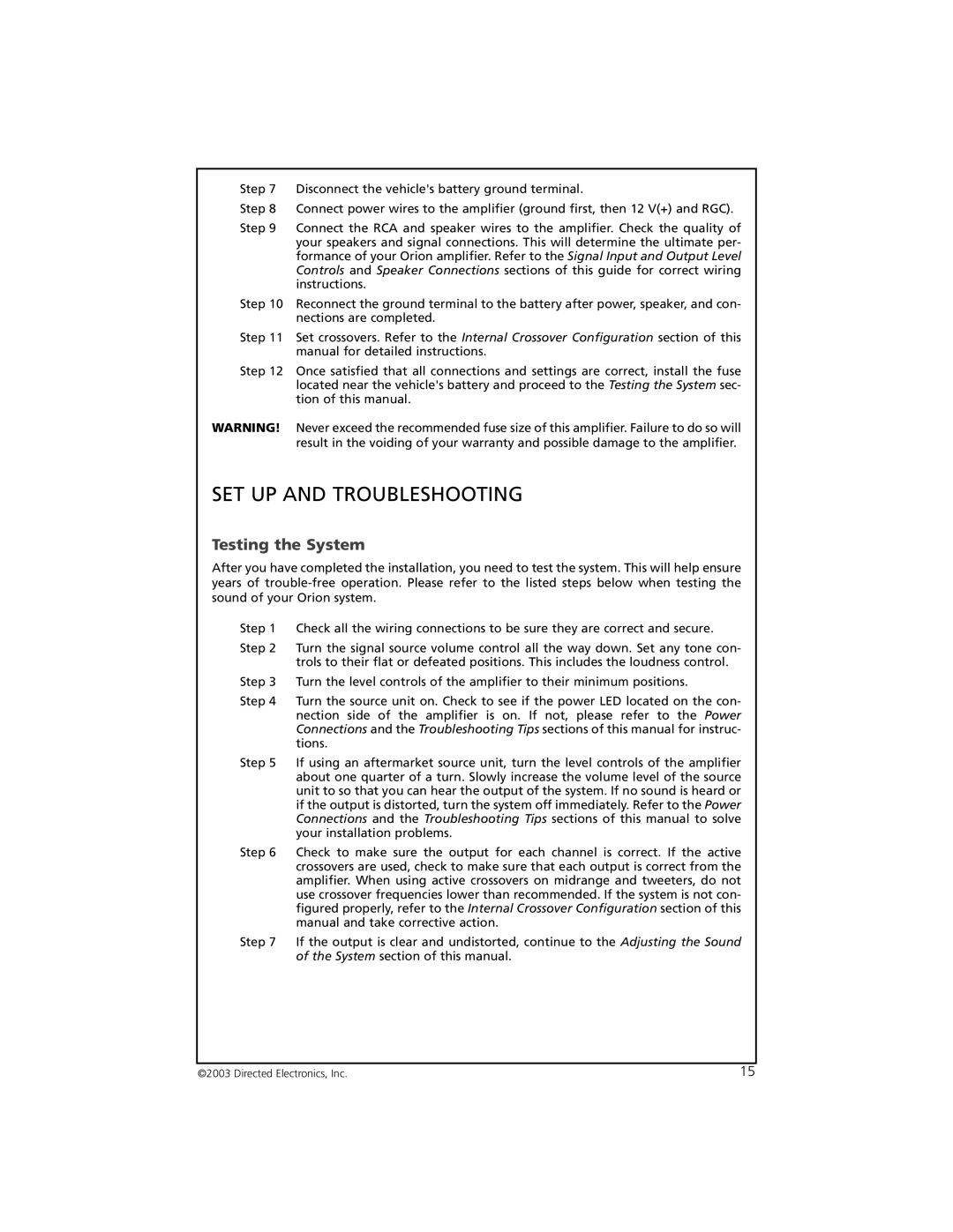 Orion Car Audio 8002 manual SET UP and Troubleshooting, Testing the System 
