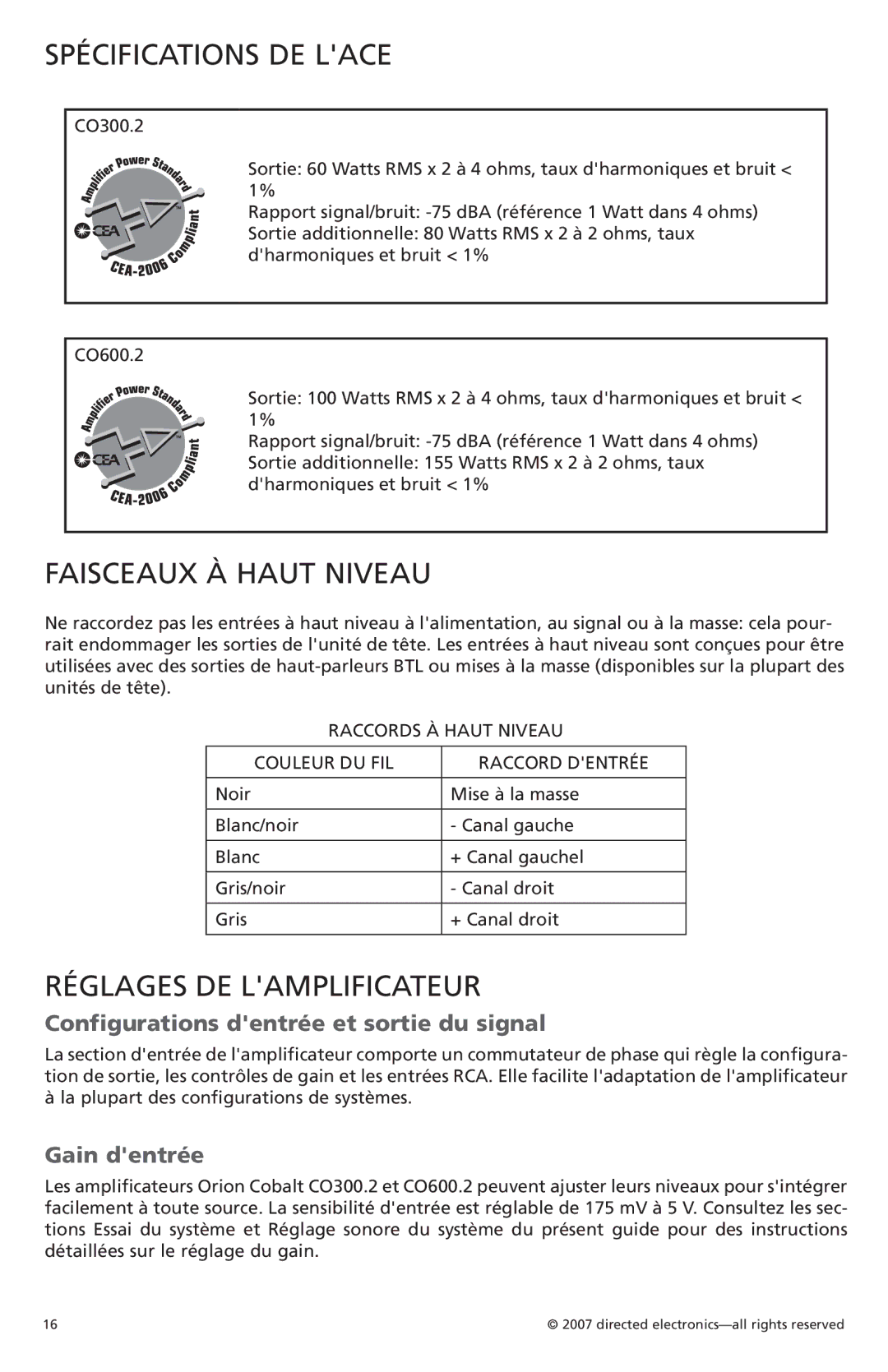 Orion Car Audio C0300.2, C0600.2 Spécifications DE Lace, Faisceaux À Haut Niveau, Réglages DE Lamplificateur, Gain dentrée 