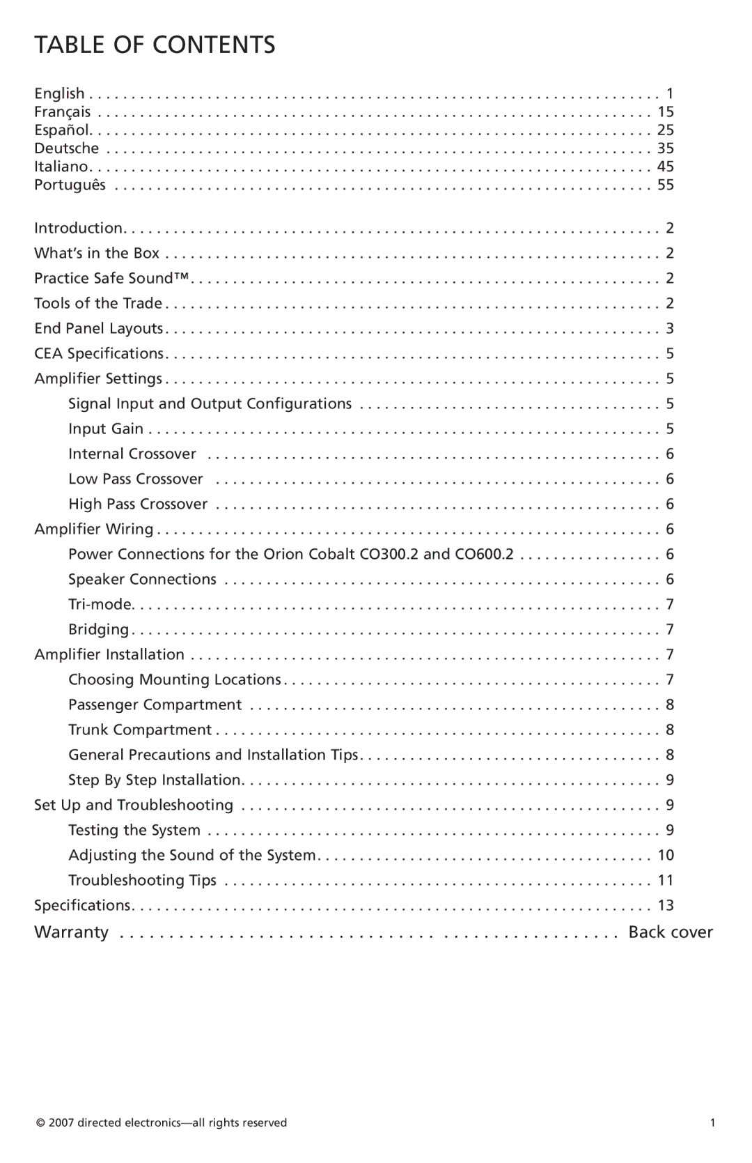 Orion Car Audio C0300.2, C0600.2, Amplifier owner manual Table of Contents 