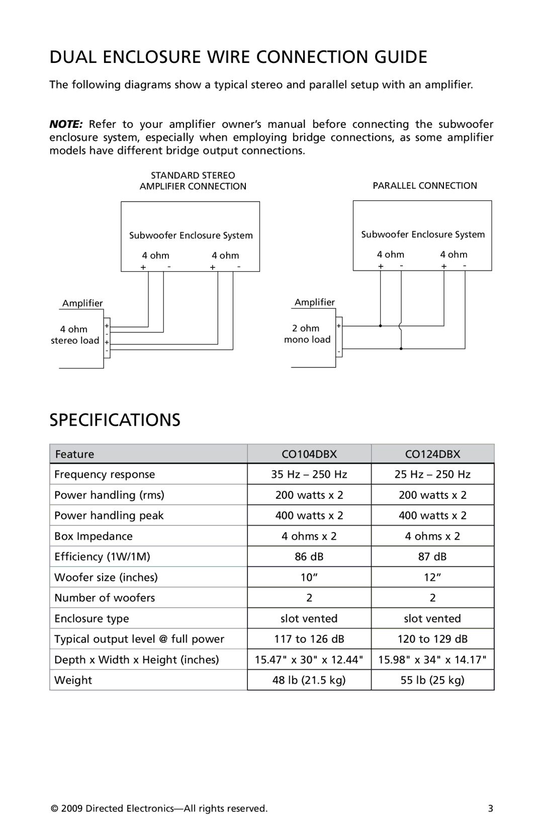 Orion Car Audio CO124SBX, CO104SBX owner manual Dual enclosure wire Connection guide, CO104DBX CO124DBX 