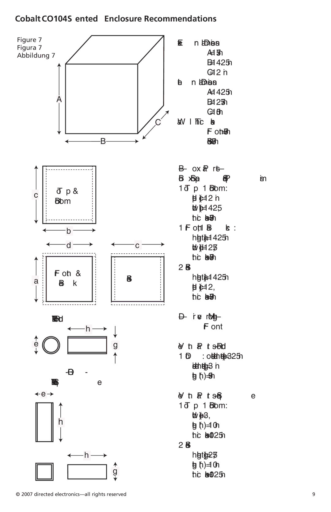 Orion Car Audio CO154S, CO124S owner manual Cobalt CO104S Vented Enclosure Recommendations 