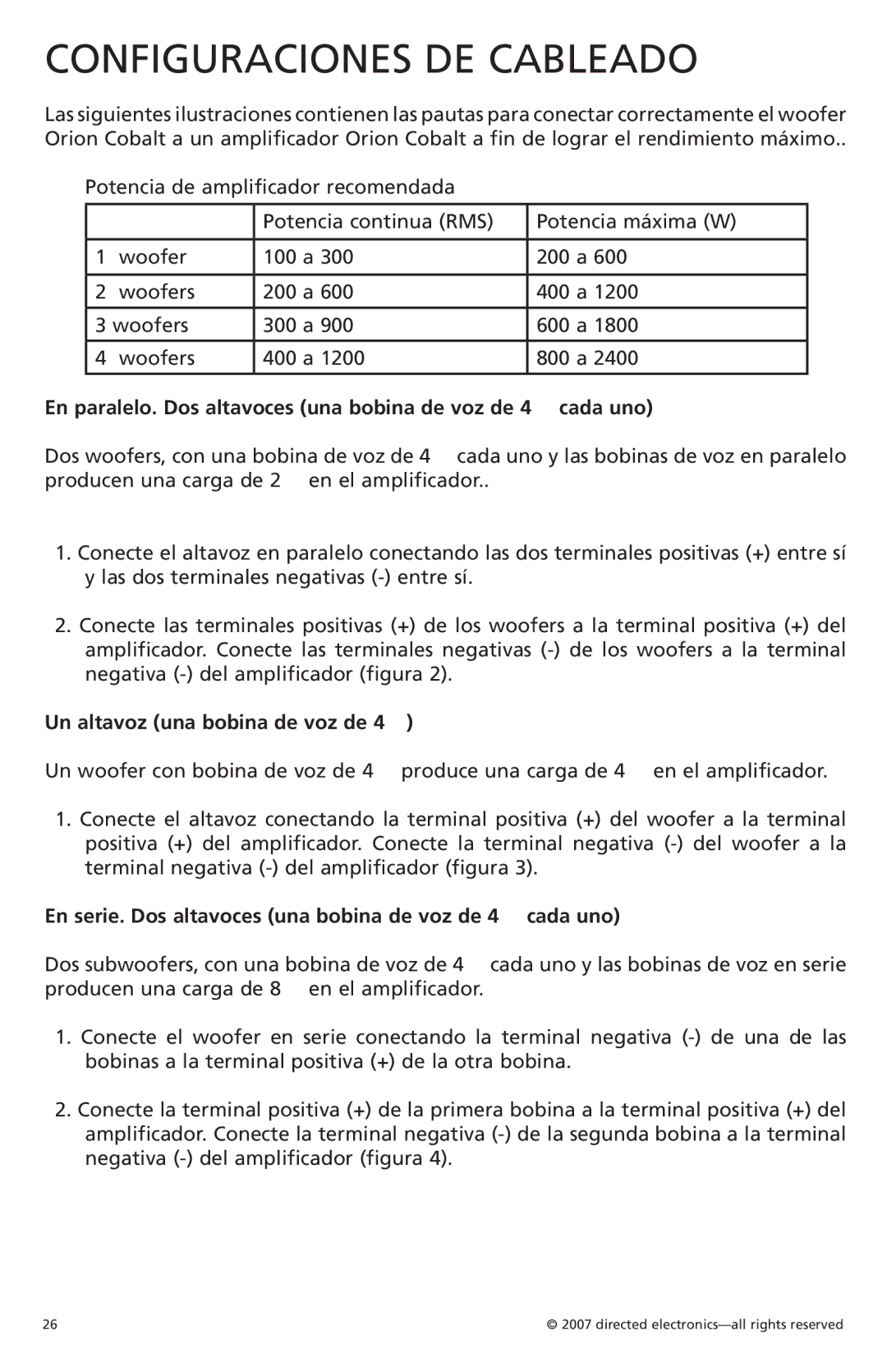 Orion Car Audio CO104S, CO154S, CO124S owner manual Configuraciones DE Cableado, Un altavoz una bobina de voz de 4 Ω 