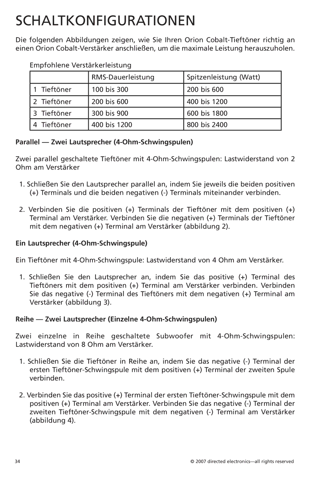 Orion Car Audio CO124S, CO154S, CO104S owner manual Schaltkonfigurationen, Parallel Zwei Lautsprecher 4-Ohm-Schwingspulen 