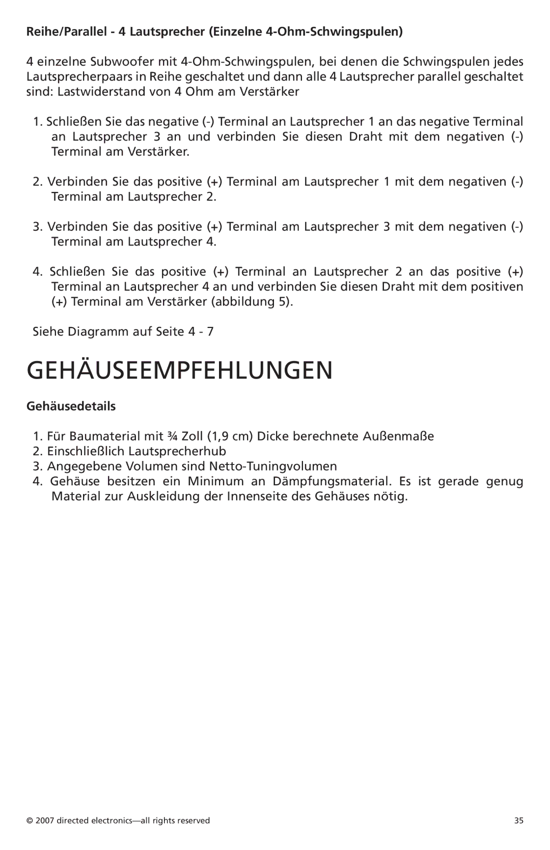 Orion Car Audio CO154S Gehäuseempfehlungen, Reihe/Parallel 4 Lautsprecher Einzelne 4-Ohm-Schwingspulen, Gehäusedetails 