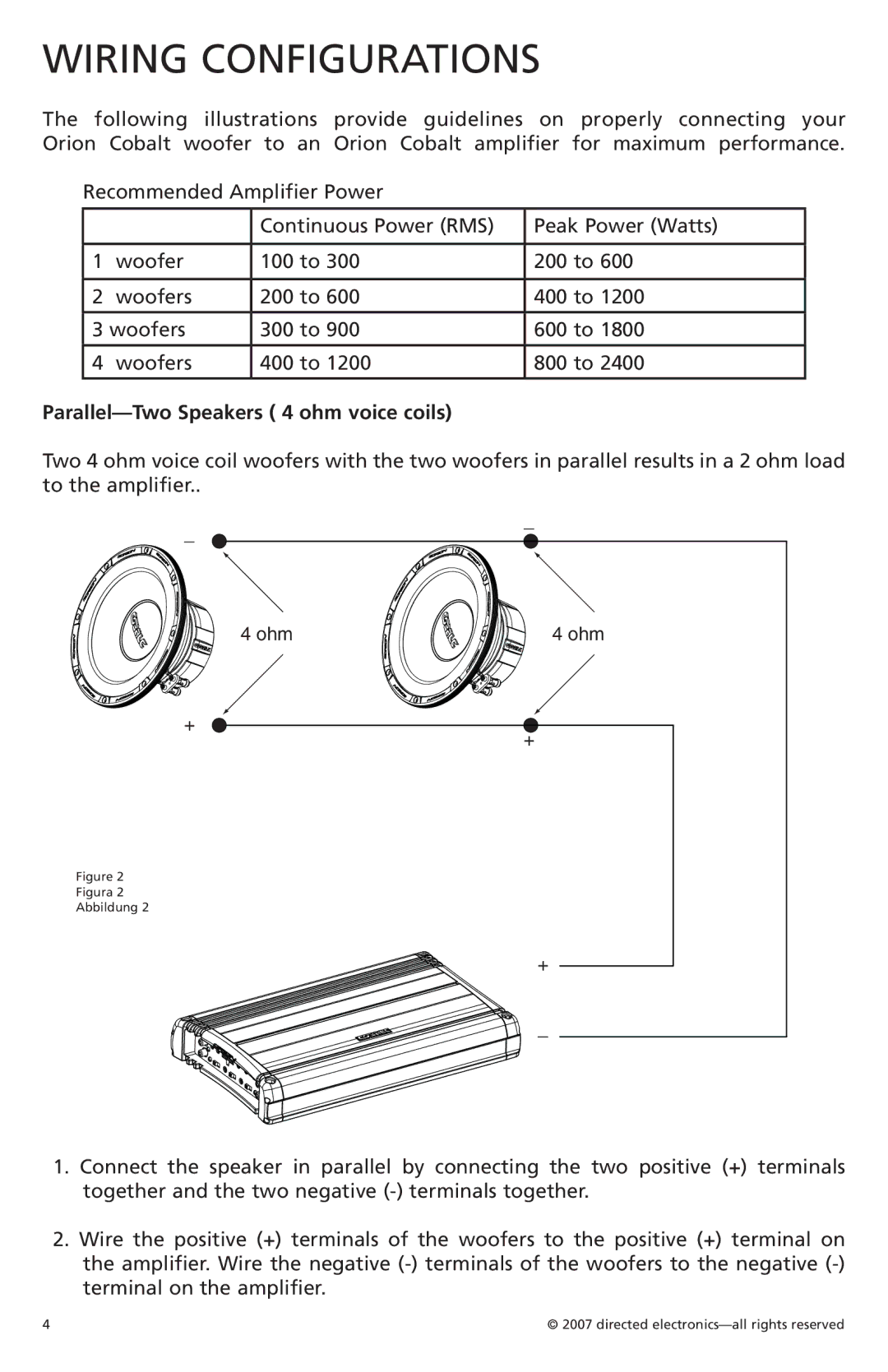 Orion Car Audio CO124S, CO154S, CO104S owner manual Wiring Configurations, Parallel-Two Speakers 4 ohm voice coils 