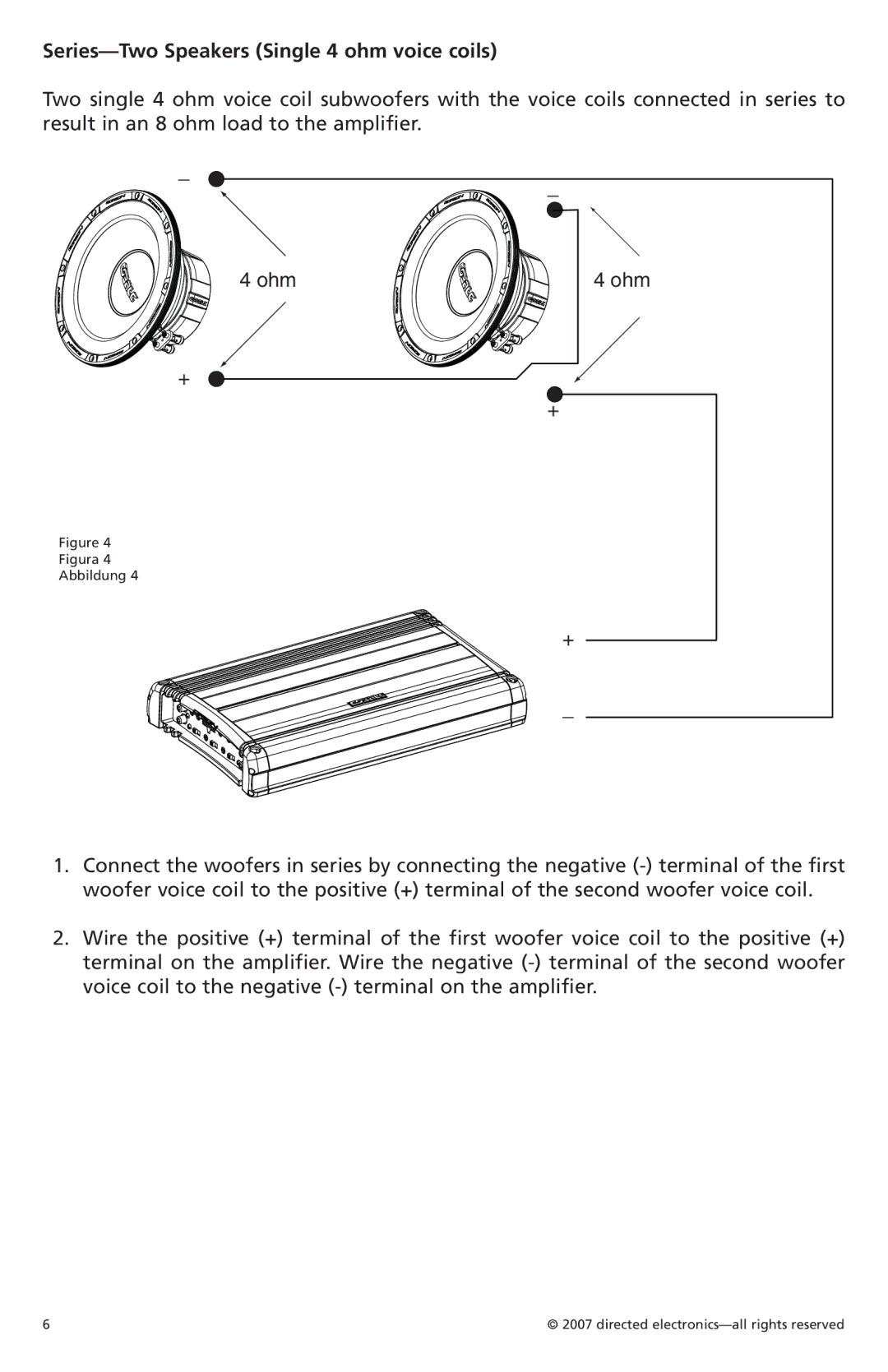 Orion Car Audio CO104S, CO154S, CO124S owner manual Series-Two Speakers Single 4 ohm voice coils 