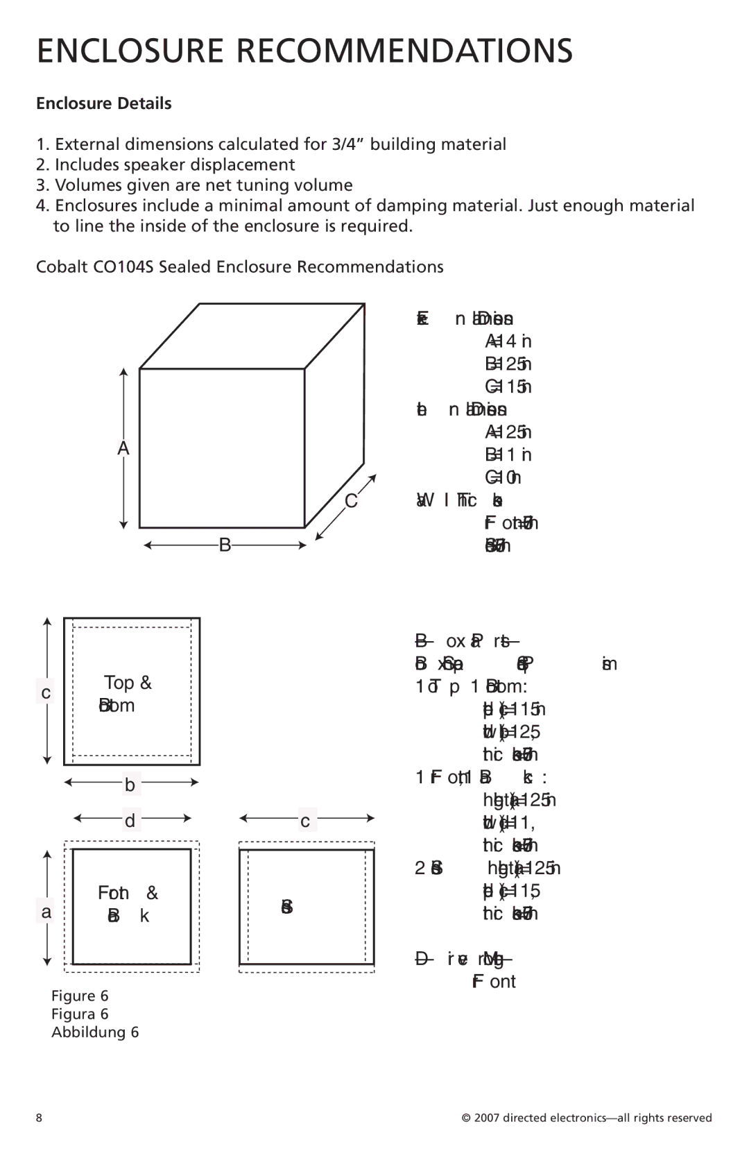 Orion Car Audio CO154S, CO104S, CO124S owner manual Enclosure Recommendations, Enclosure Details 