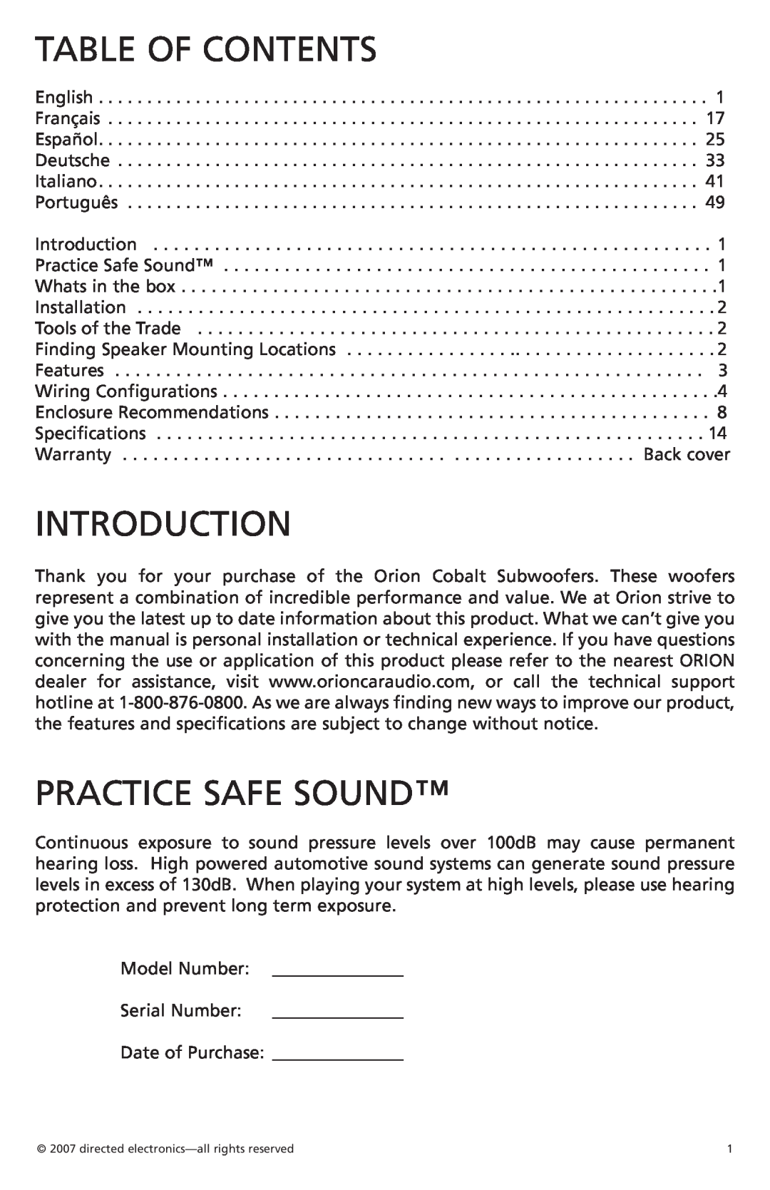 Orion Car Audio CO124S, CO154S, CO104S owner manual Table Of Contents, Introduction, Practice Safe Sound 