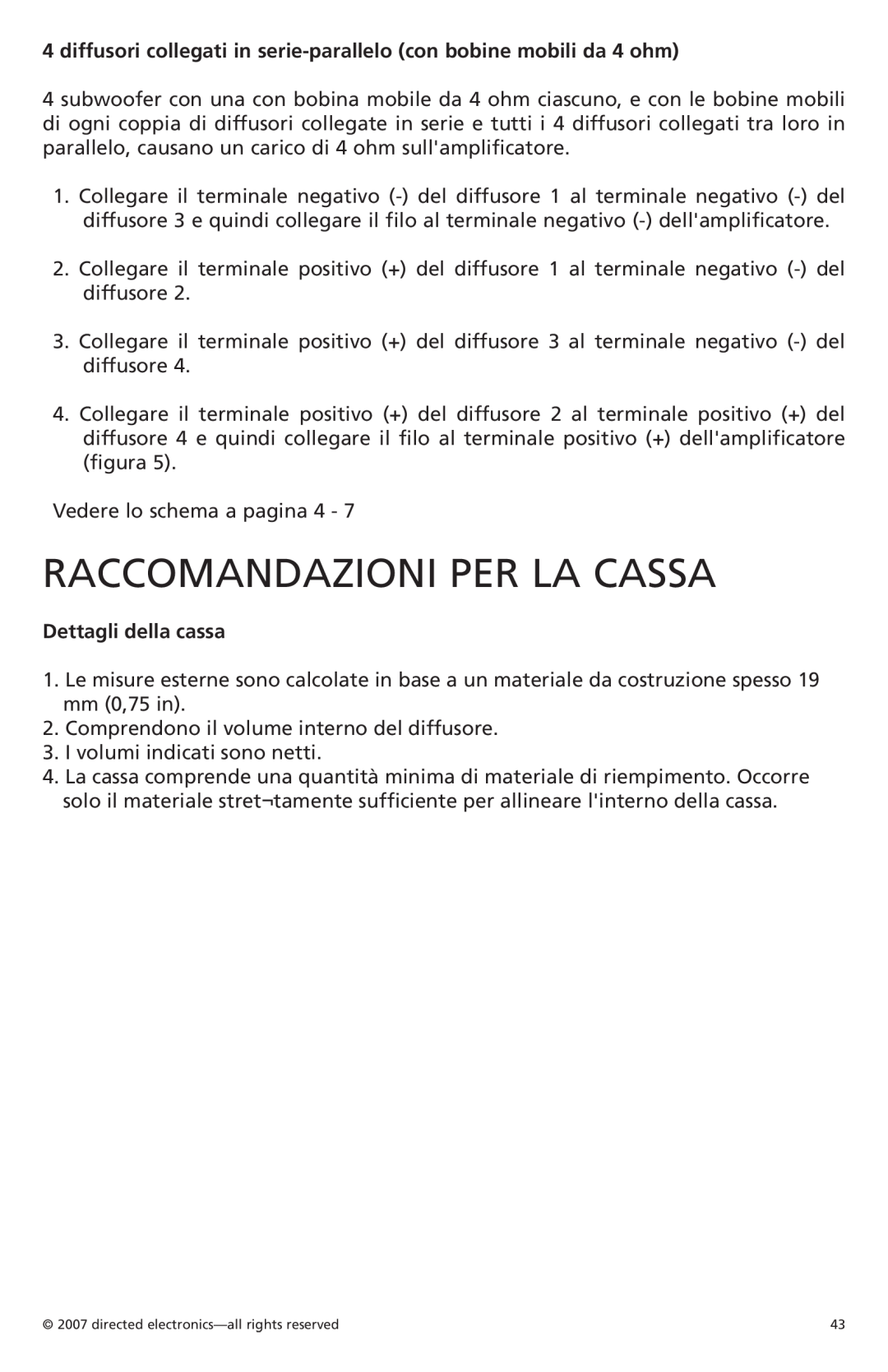 Orion Car Audio CO104S, CO154S, CO124S owner manual Raccomandazioni Per La Cassa, Dettagli della cassa 