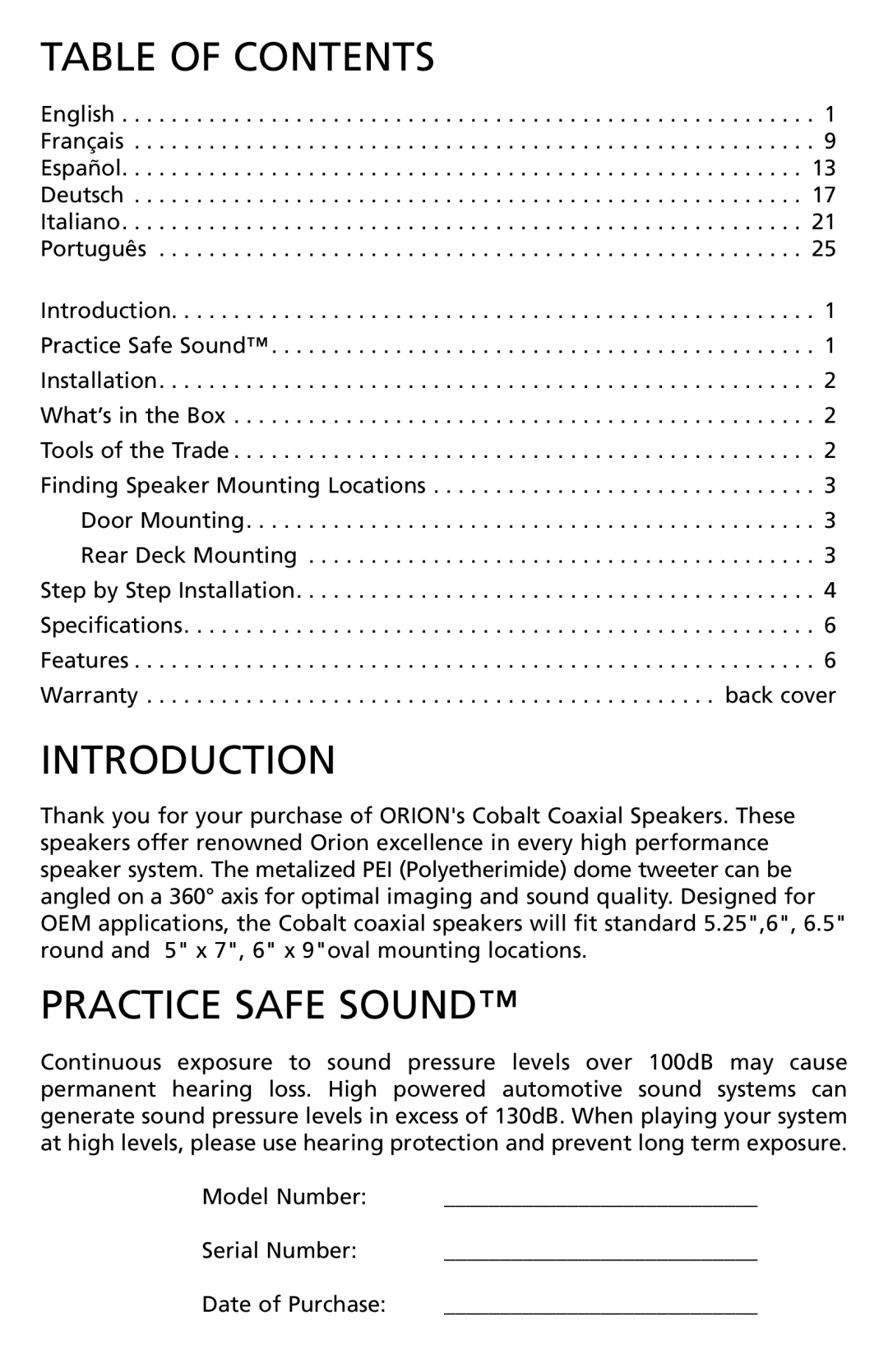 Orion Car Audio CO500 owner manual Table of Contents, Introduction, Practice Safe Sound 