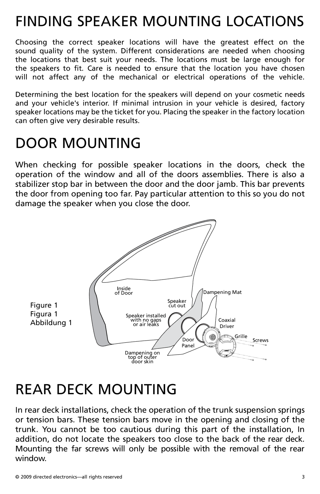 Orion Car Audio CO500 owner manual Finding Speaker Mounting Locations, Door Mounting, Rear Deck Mounting 