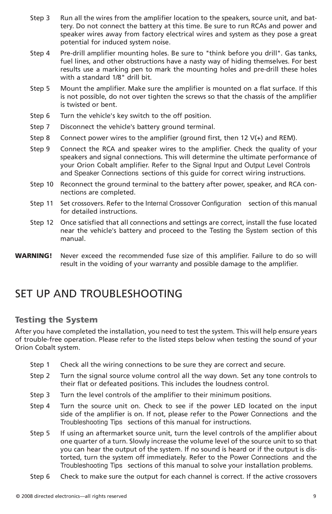 Orion Car Audio CO6002, CO3002 owner manual SET UP and Troubleshooting, Testing the System 