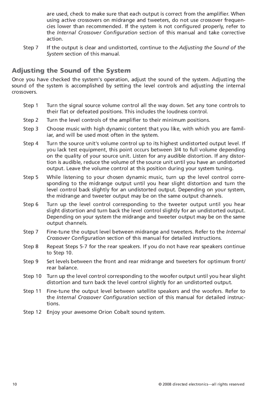 Orion Car Audio CO3002, CO6002 owner manual Adjusting the Sound of the System 