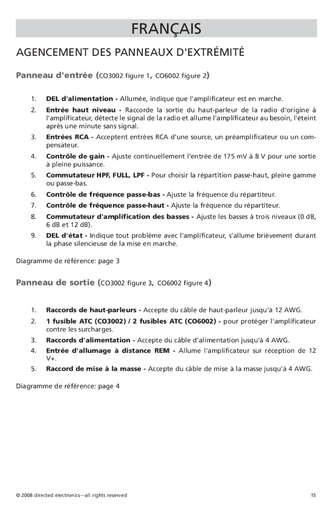 Orion Car Audio CO6002, CO3002 owner manual Français, Agencement DES Panneaux Dextrémité 