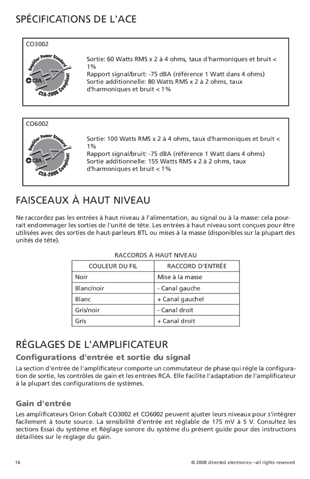 Orion Car Audio CO3002, CO6002 Spécifications DE Lace, Faisceaux À Haut Niveau, Réglages DE Lamplificateur, Gain dentrée 