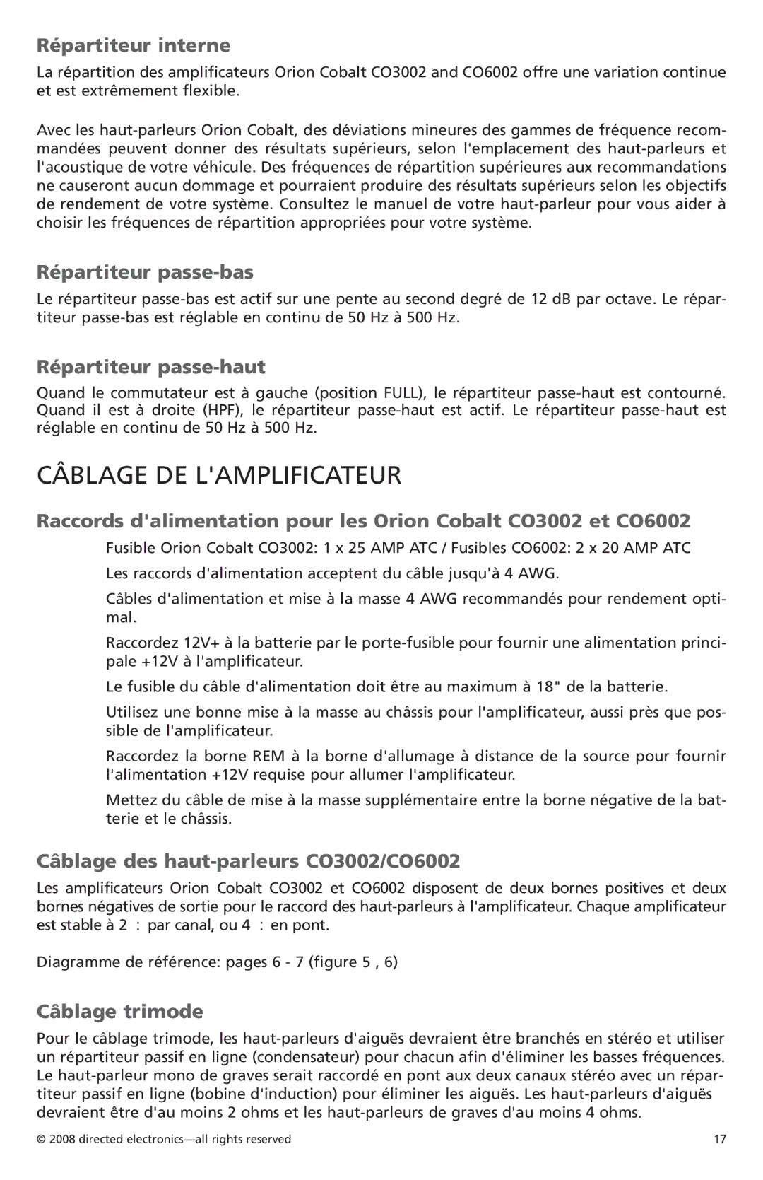 Orion Car Audio CO6002, CO3002 owner manual Câblage DE Lamplificateur 