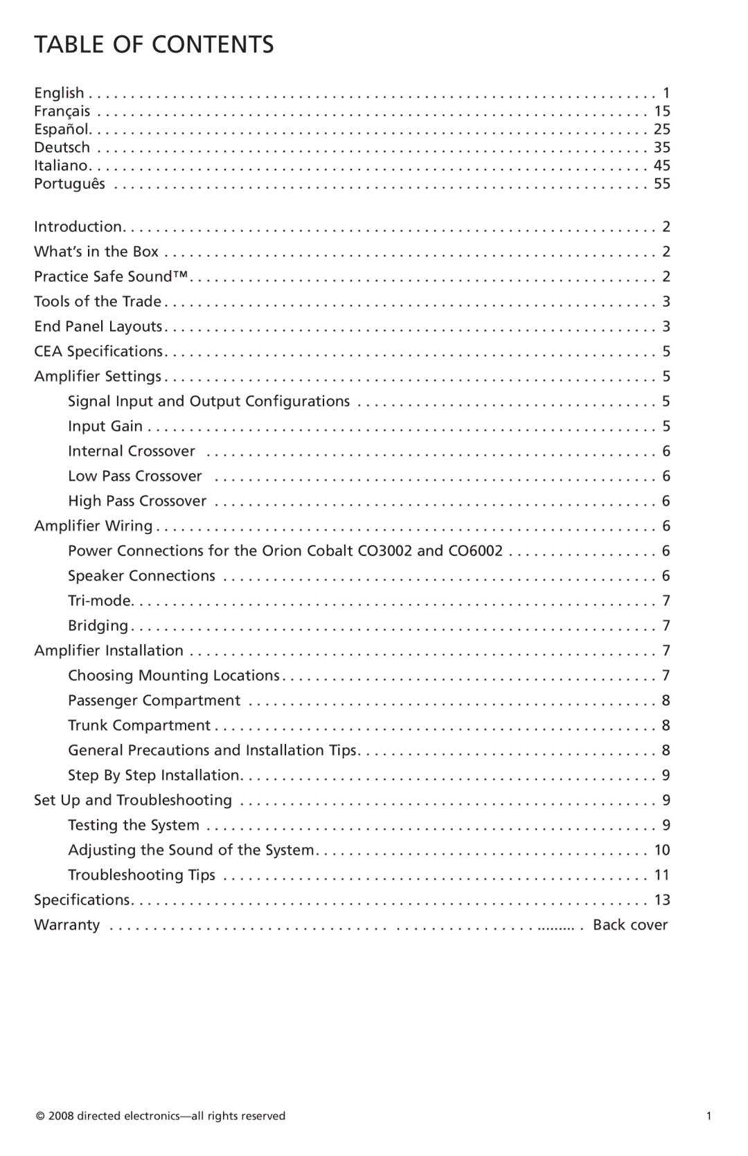 Orion Car Audio CO6002, CO3002 owner manual Table of Contents 