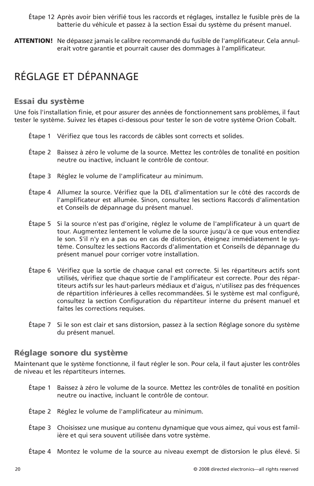 Orion Car Audio CO3002, CO6002 owner manual Réglage ET Dépannage, Essai du système, Réglage sonore du système 