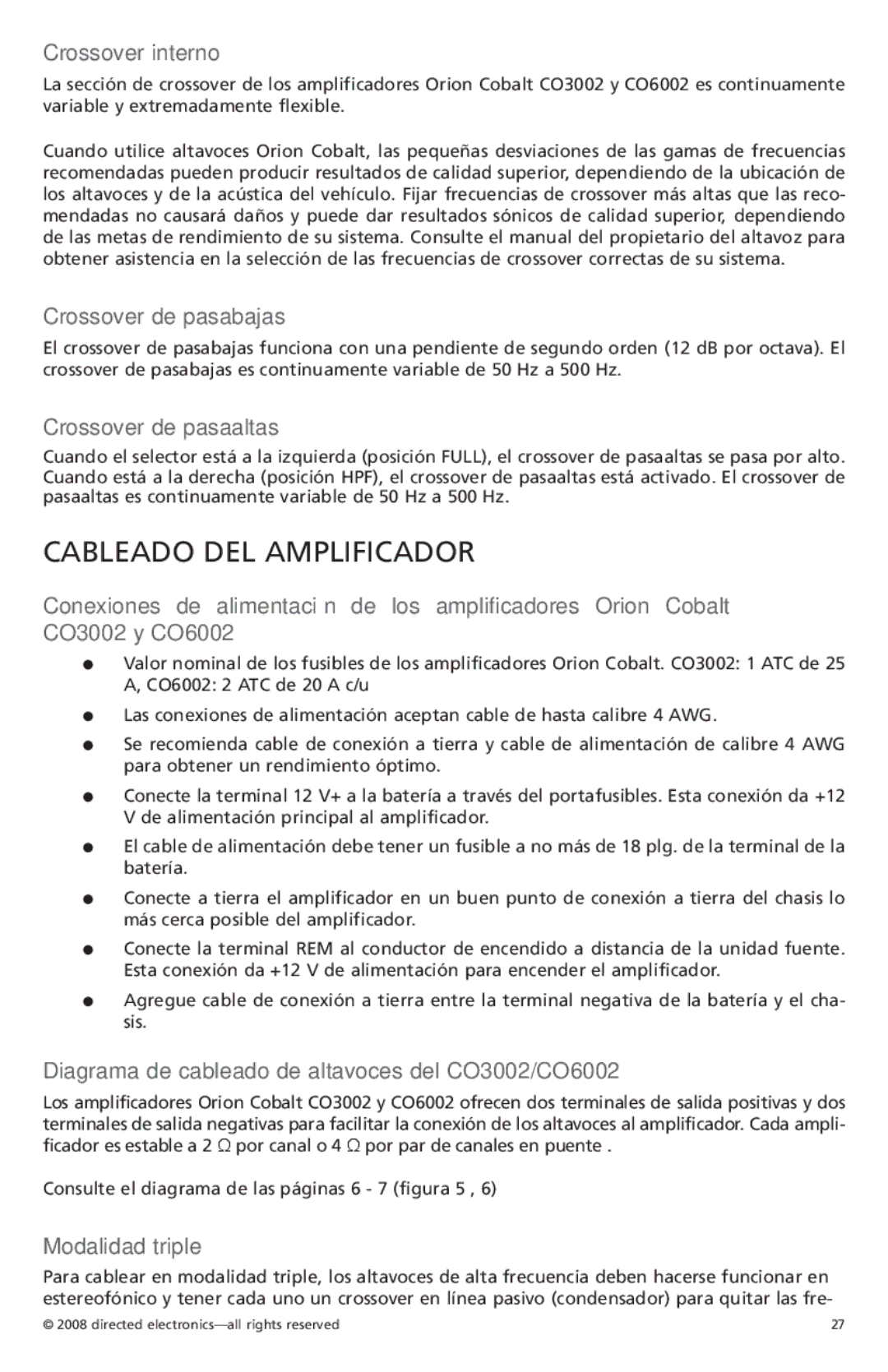 Orion Car Audio CO6002, CO3002 owner manual Cableado DEL Amplificador 