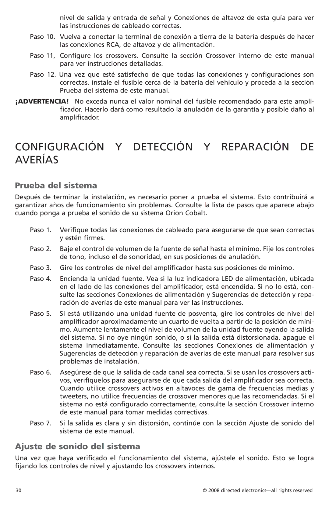 Orion Car Audio CO3002 Configuración Y Detección Y Reparación DE Averías, Prueba del sistema, Ajuste de sonido del sistema 