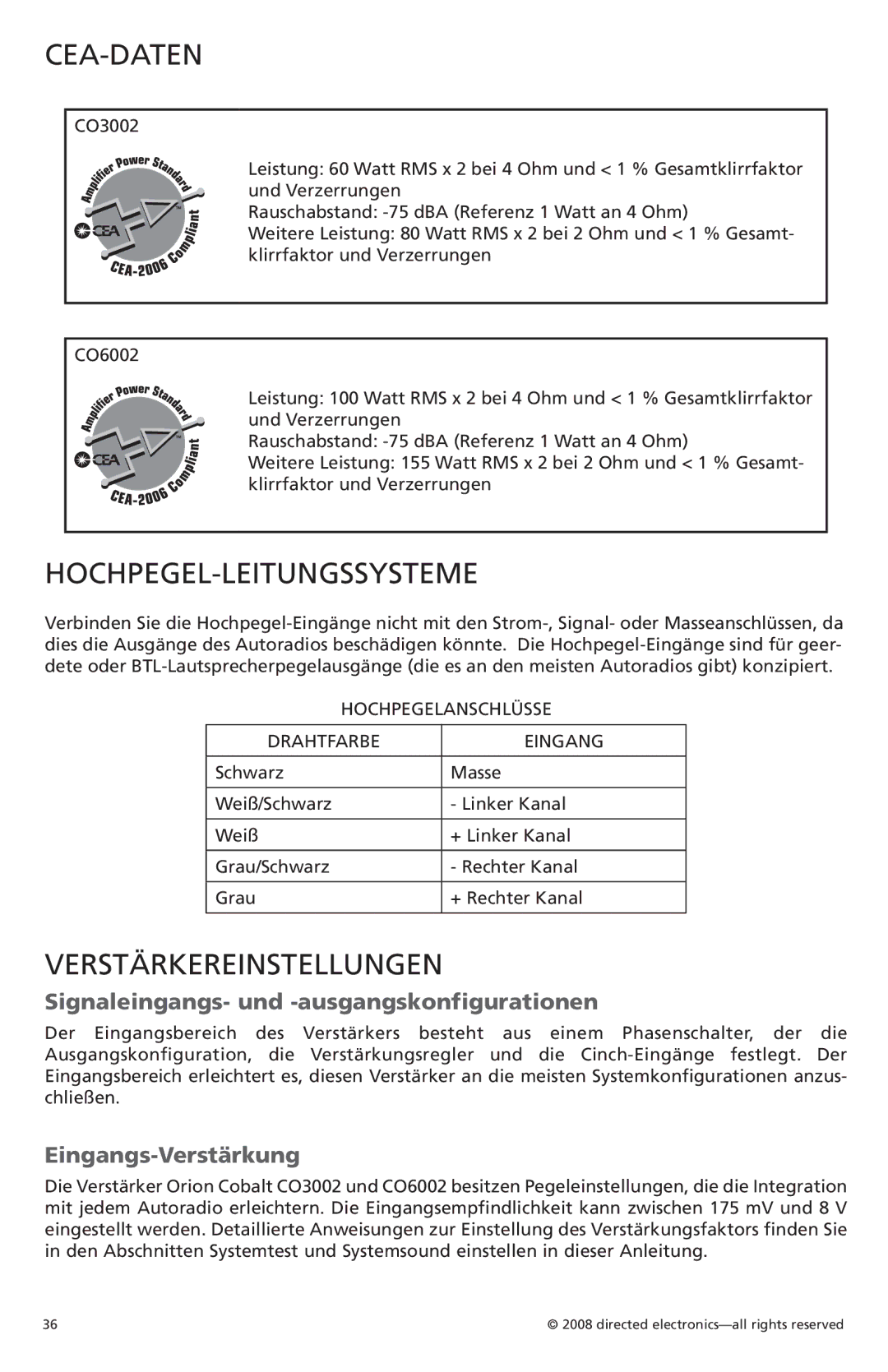 Orion Car Audio CO3002, CO6002 Cea-Daten, Hochpegel-Leitungssysteme, Verstärkereinstellungen, Eingangs-Verstärkung 