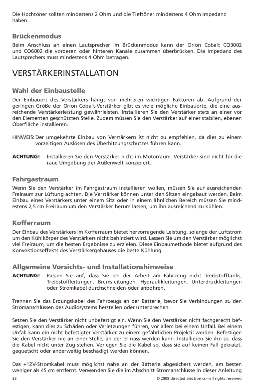 Orion Car Audio CO3002, CO6002 owner manual Verstärkerinstallation 