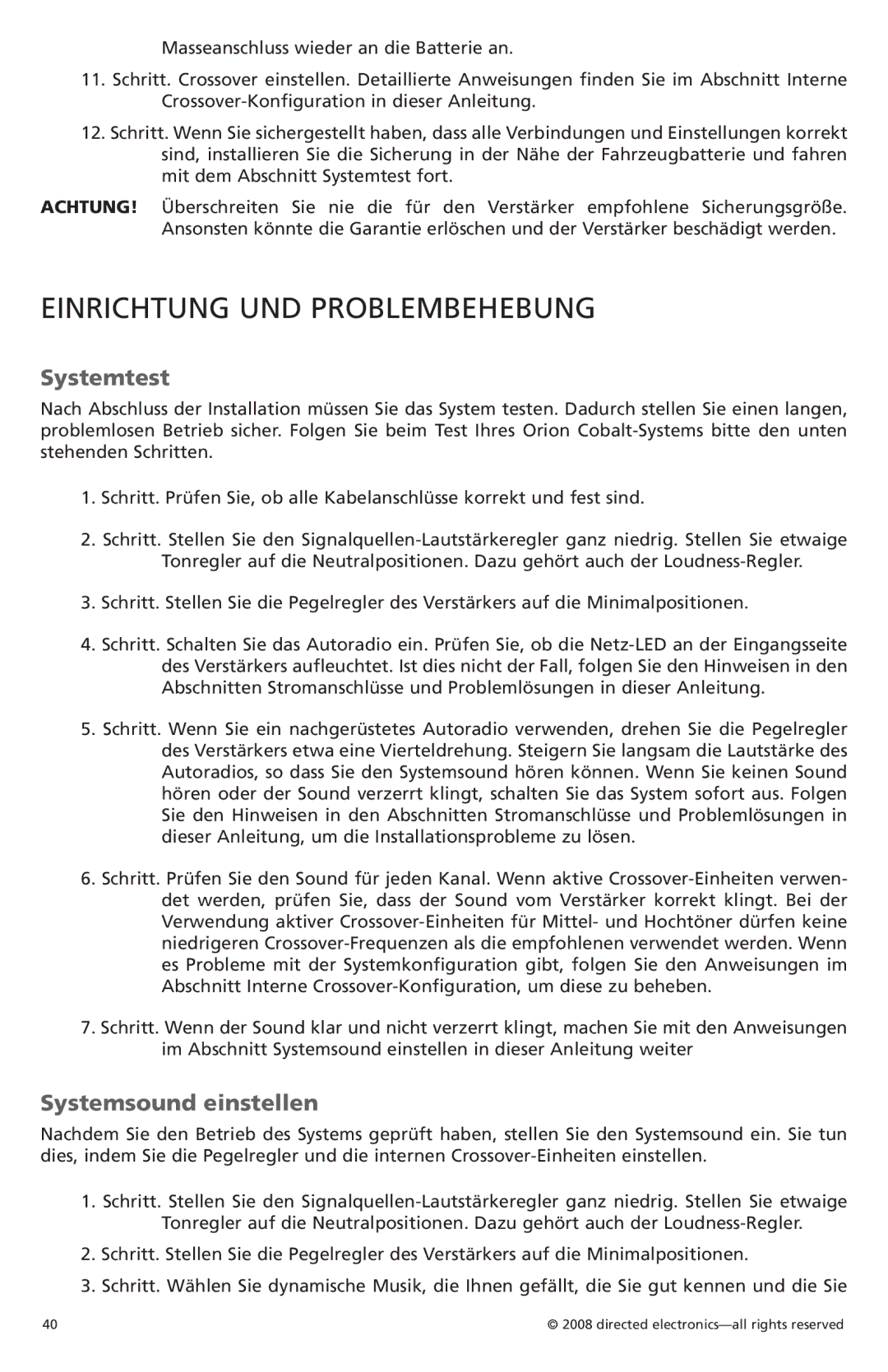 Orion Car Audio CO3002, CO6002 owner manual Einrichtung UND Problembehebung, Systemtest, Systemsound einstellen 