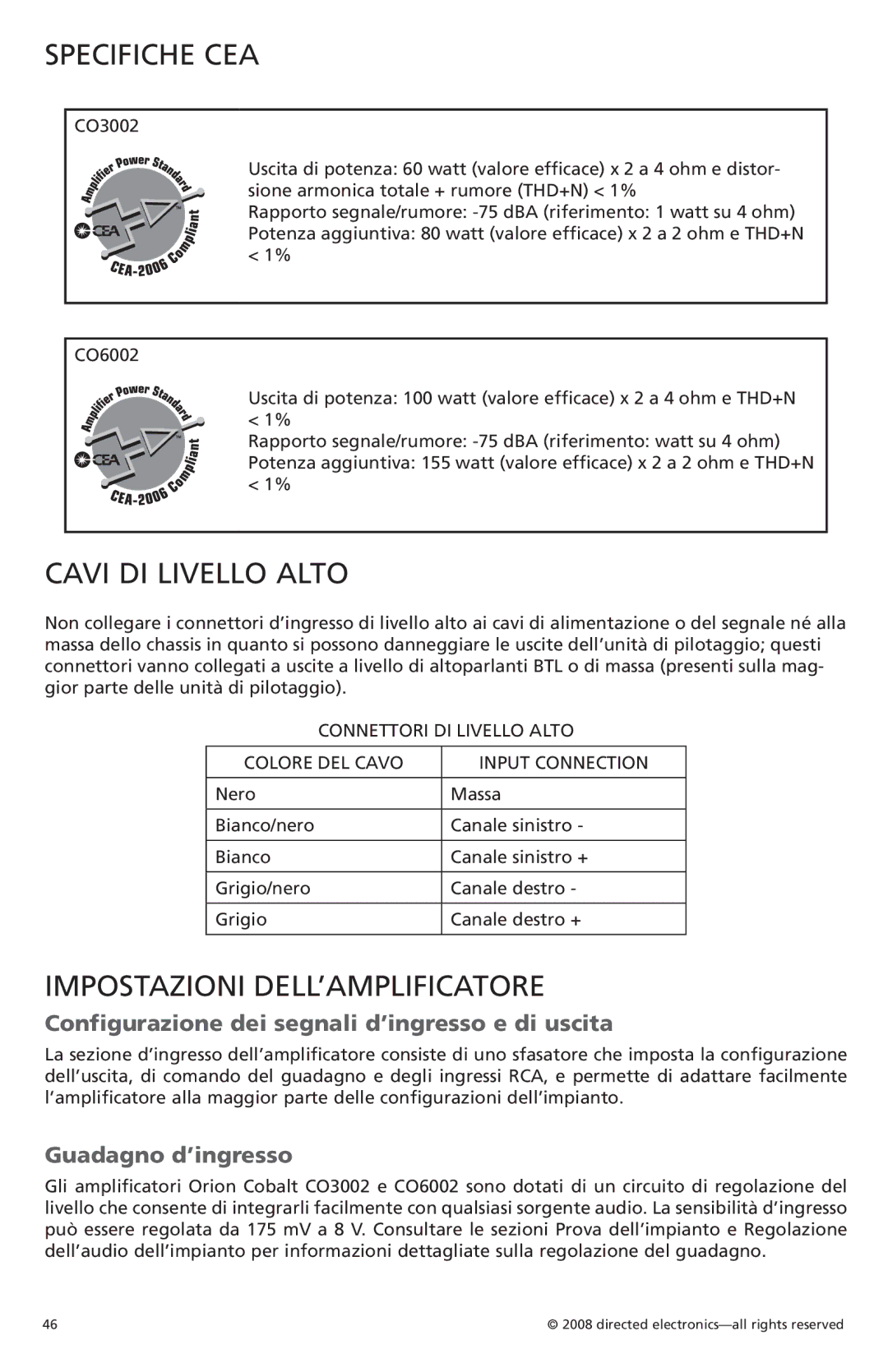 Orion Car Audio CO3002, CO6002 Specifiche CEA, Cavi DI Livello Alto, Impostazioni DELL’AMPLIFICATORE, Guadagno d’ingresso 