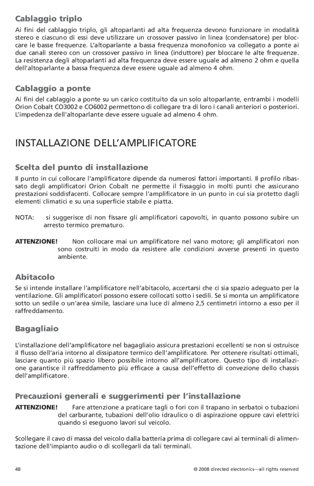 Orion Car Audio CO3002, CO6002 owner manual Installazione DELL’AMPLIFICATORE 