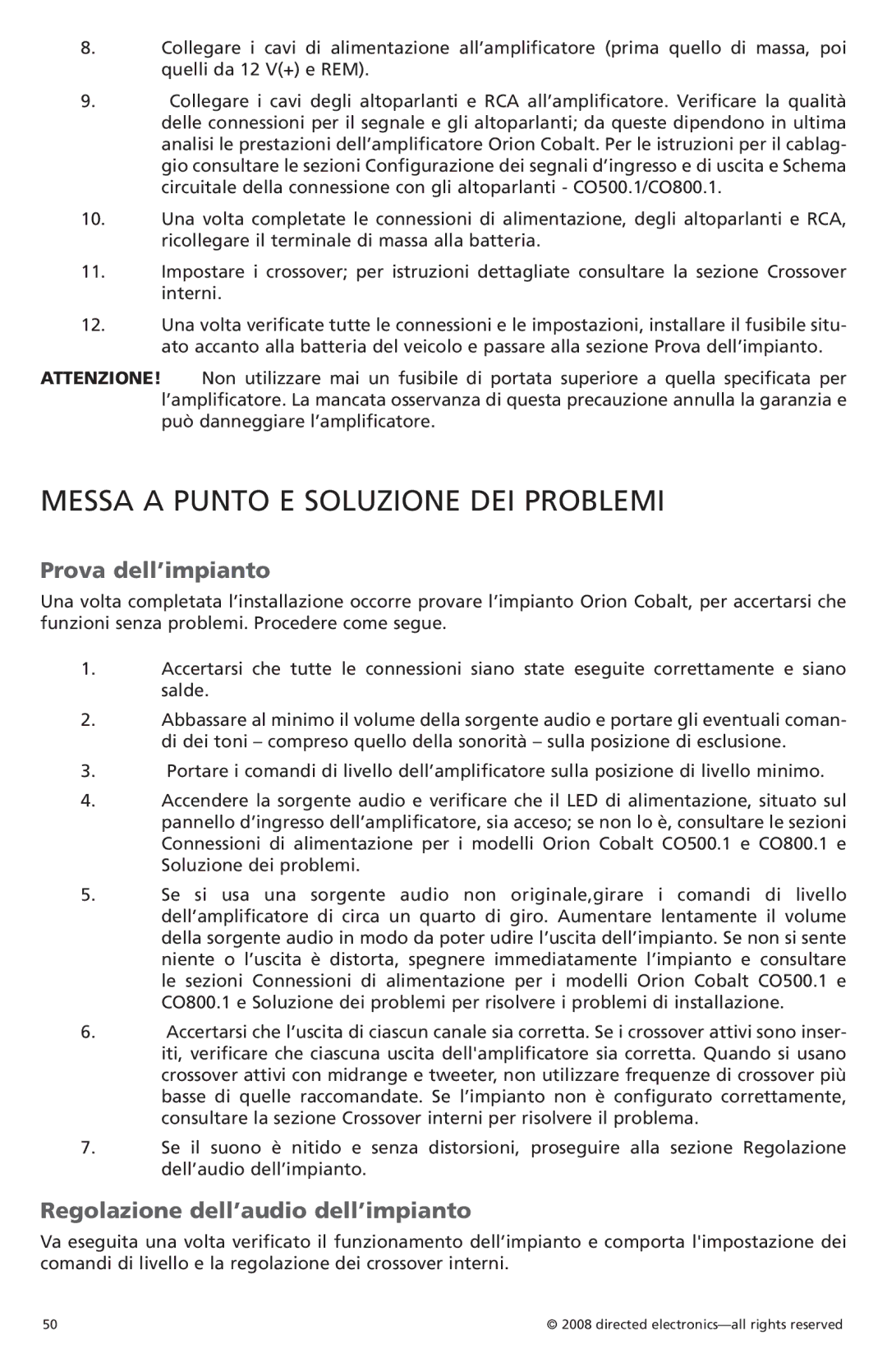 Orion Car Audio CO3002 Messa a Punto E Soluzione DEI Problemi, Prova dell’impianto, Regolazione dell’audio dell’impianto 