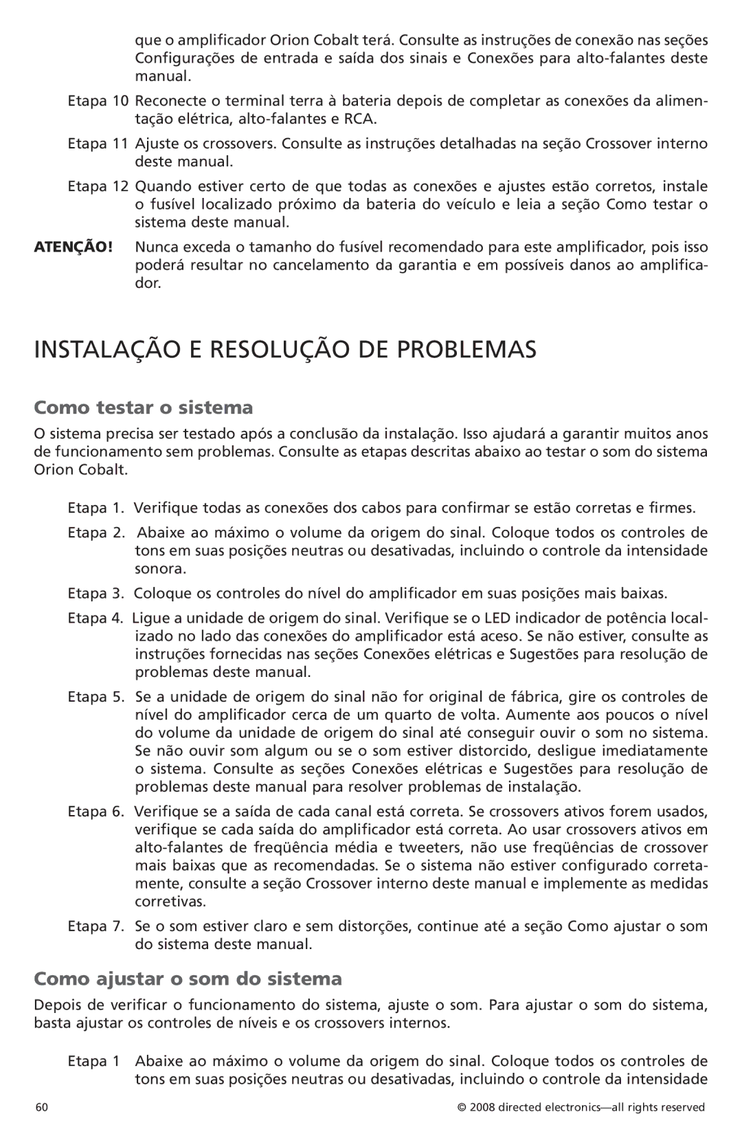 Orion Car Audio CO3002, CO6002 Instalação E Resolução DE Problemas, Como testar o sistema, Como ajustar o som do sistema 