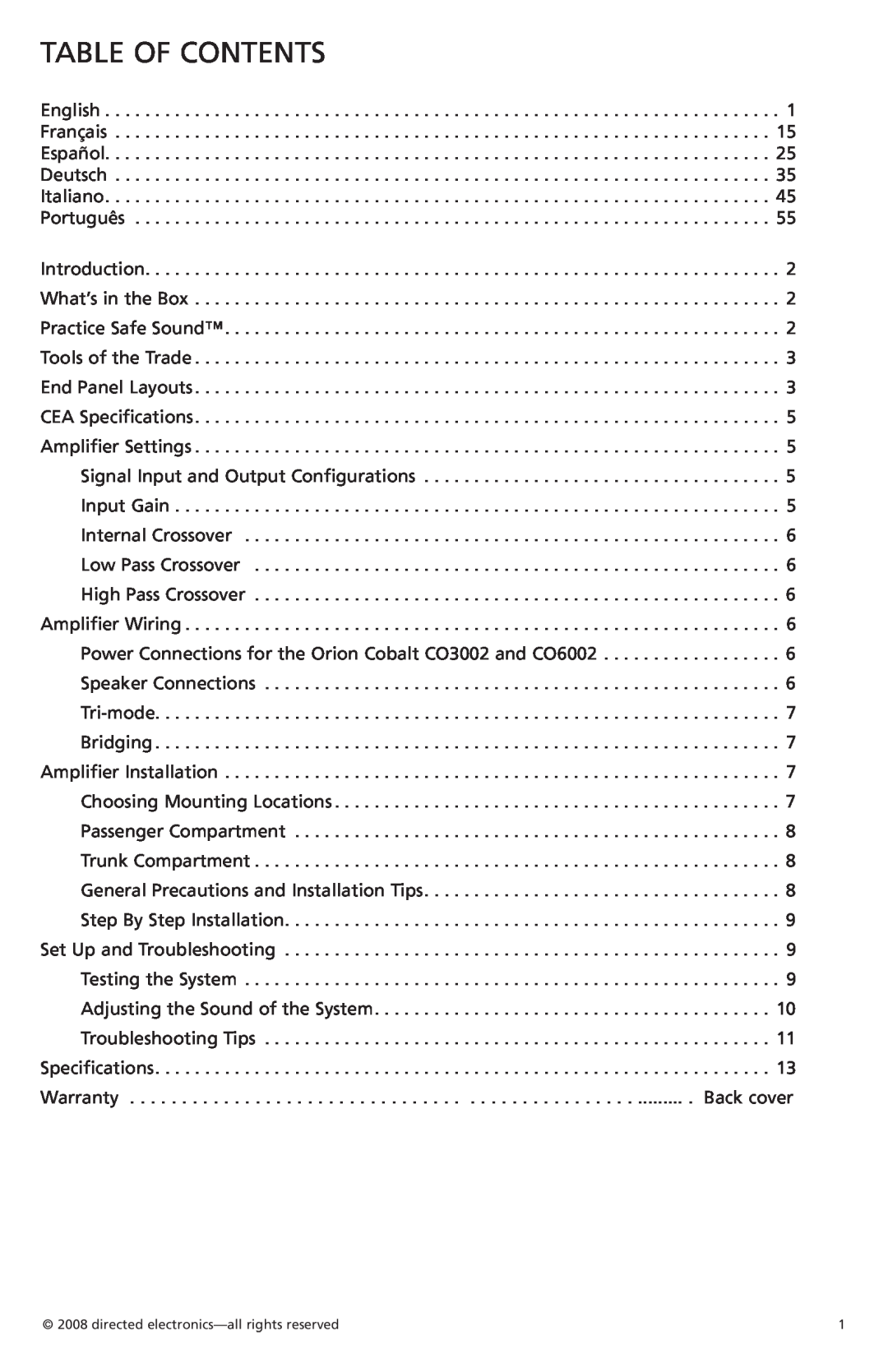 Orion Car Audio CO6002, CO3002 owner manual Table Of Contents 