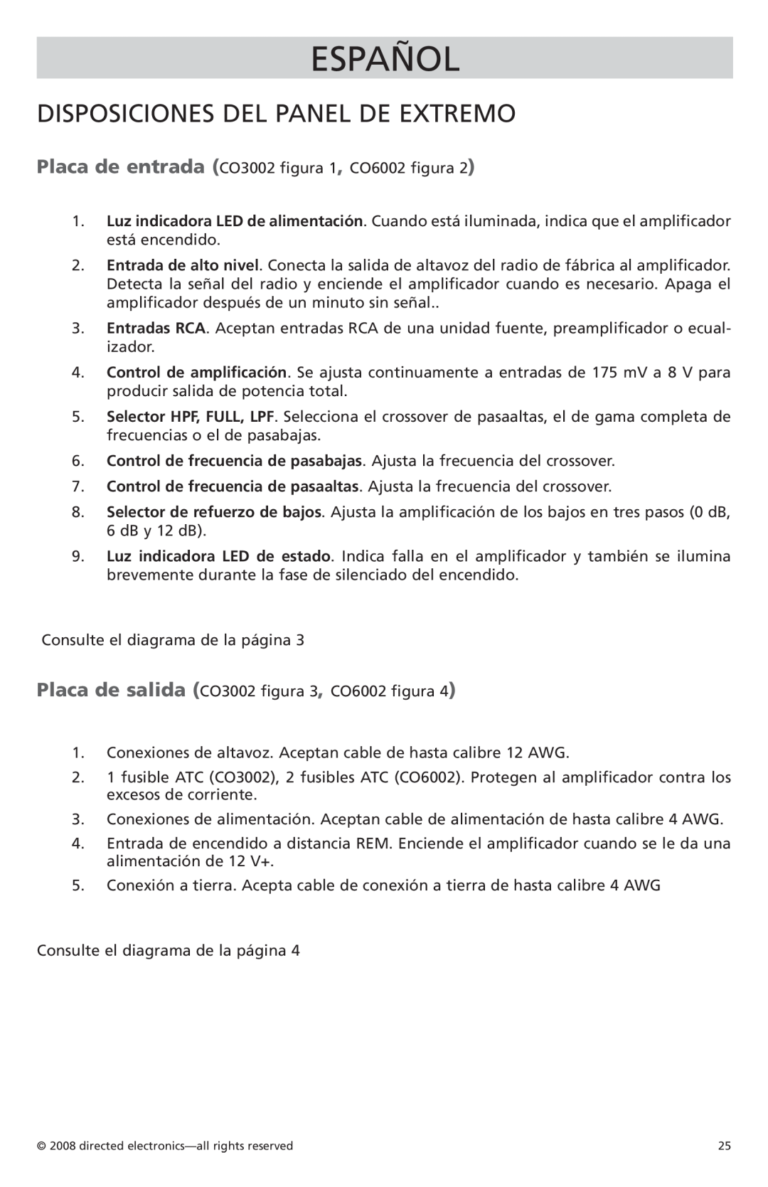 Orion Car Audio CO6002, CO3002 owner manual Español, Disposiciones Del Panel De Extremo 
