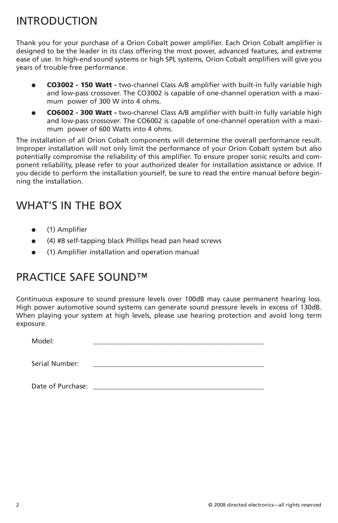 Orion Car Audio CO3002, CO6002 owner manual Introduction, What’S In The Box, Practice Safe Sound 