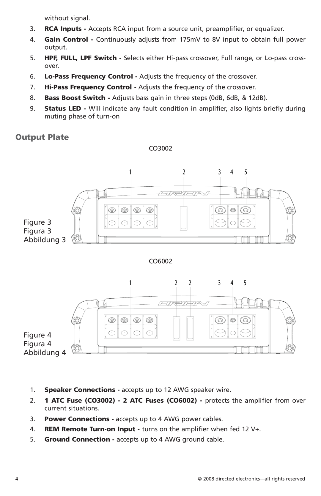 Orion Car Audio CO3002, CO6002 owner manual Output Plate, Figure Figura Abbildung Figure Figura Abbildung 