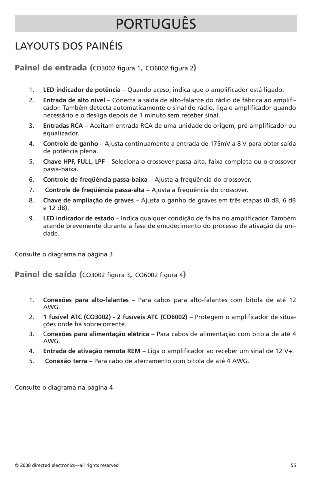 Orion Car Audio CO6002, CO3002 owner manual Português, Layouts Dos Painéis 