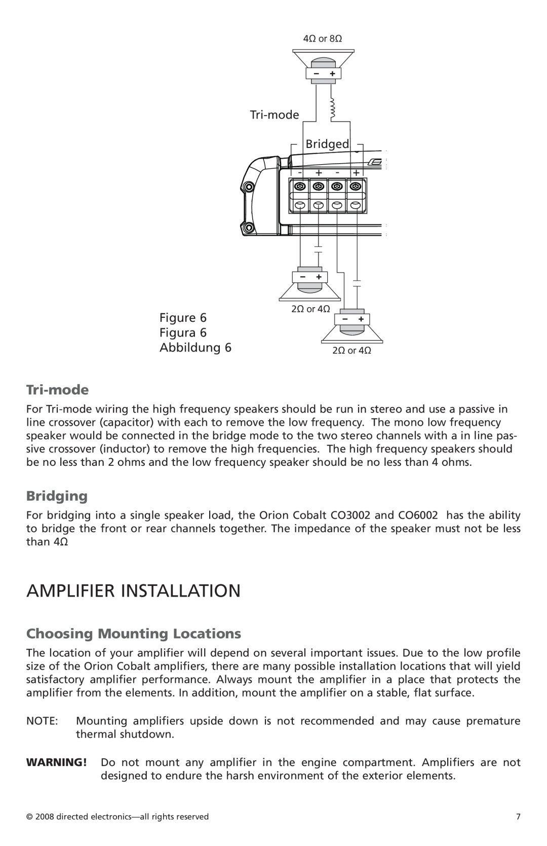 Orion Car Audio CO6002, CO3002 owner manual Amplifier Installation, Tri-mode, Bridging, Choosing Mounting Locations, Bridged 
