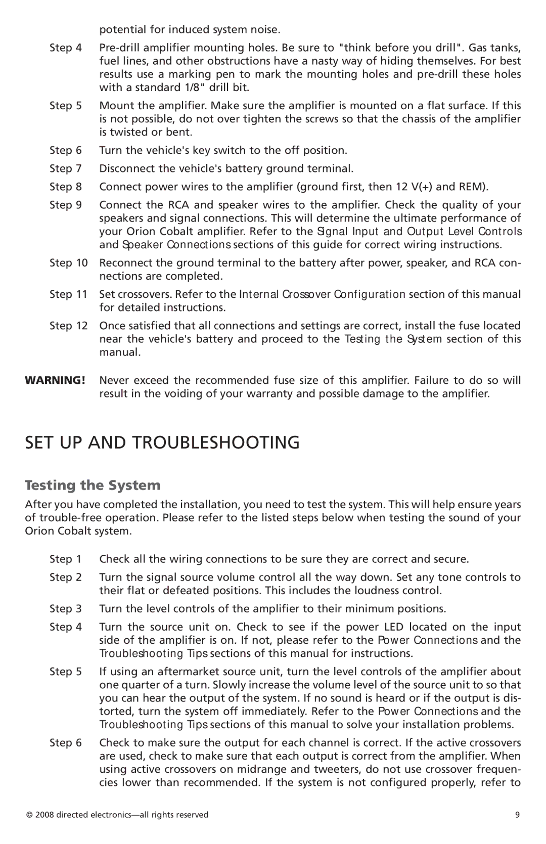 Orion Car Audio CO6004 owner manual SET UP and Troubleshooting, Testing the System 