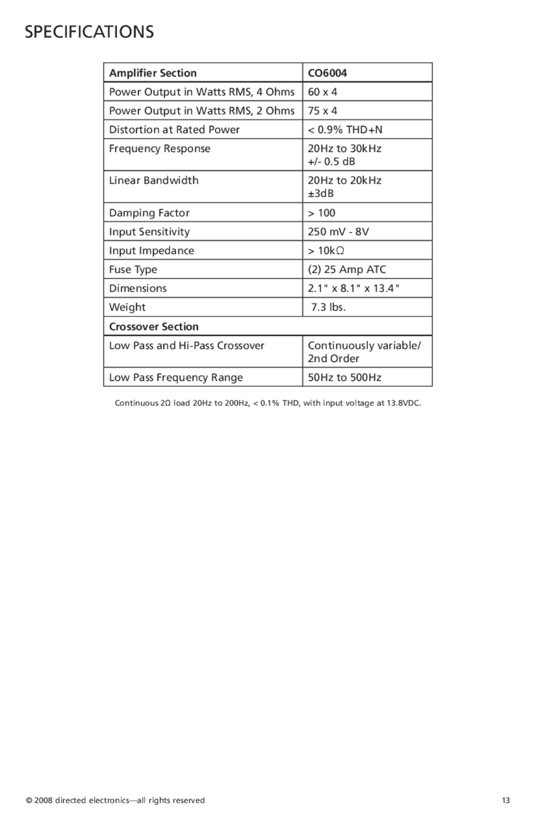 Orion Car Audio owner manual Specifications, Ampliﬁer Section CO6004, Crossover Section 