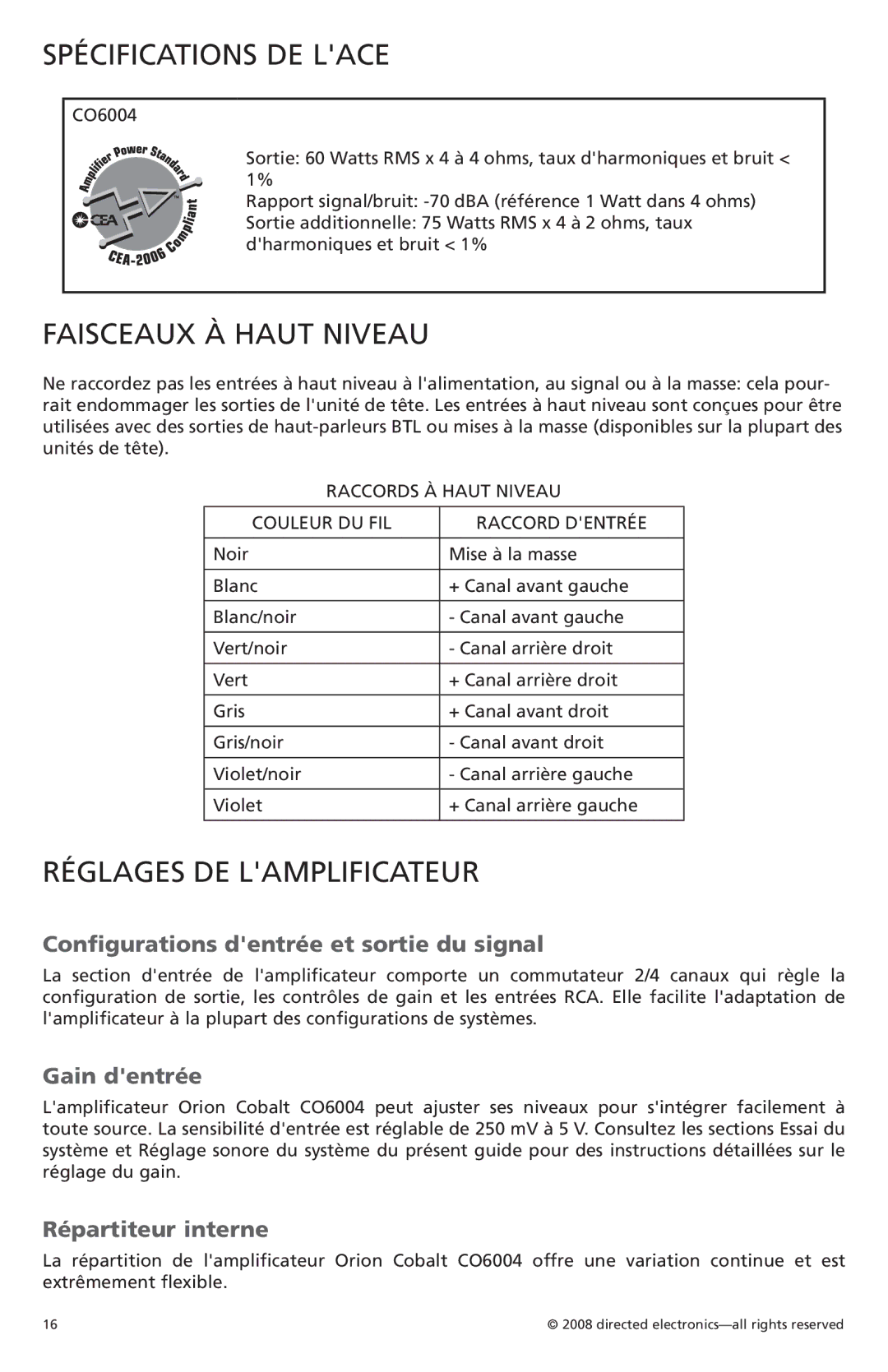 Orion Car Audio CO6004 owner manual Spécifications DE Lace, Faisceaux À Haut Niveau, Réglages DE Lamplificateur 