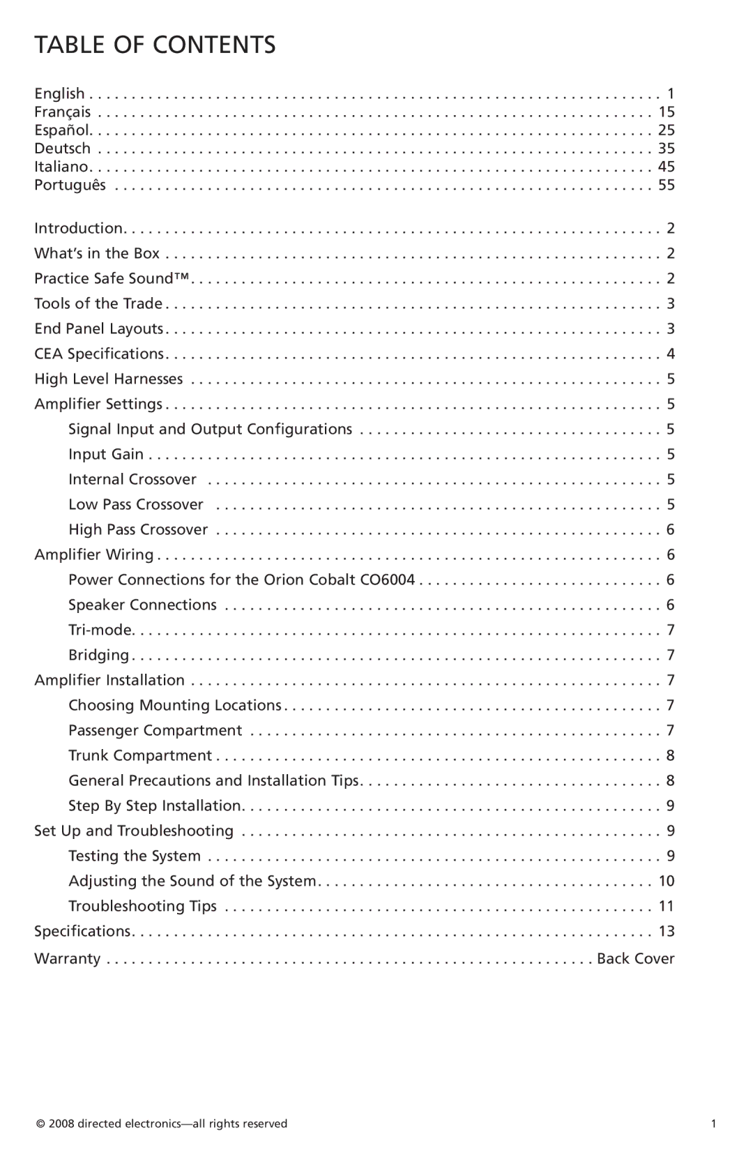 Orion Car Audio CO6004 owner manual Table of Contents 