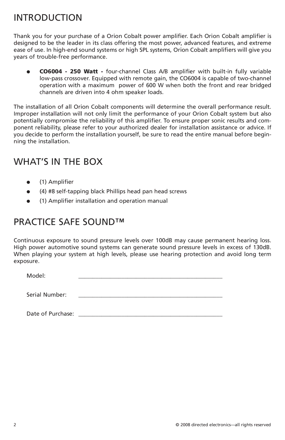 Orion Car Audio CO6004 owner manual Introduction, WHAT’S in the BOX, Practice Safe Sound 