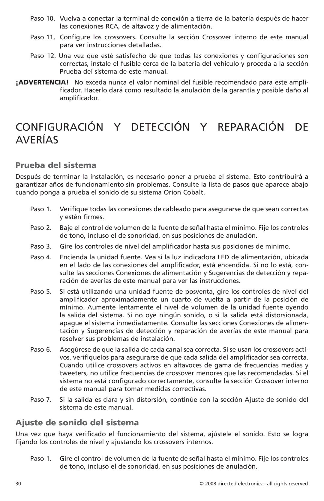 Orion Car Audio CO6004 Configuración Y Detección Y Reparación DE Averías, Prueba del sistema, Ajuste de sonido del sistema 