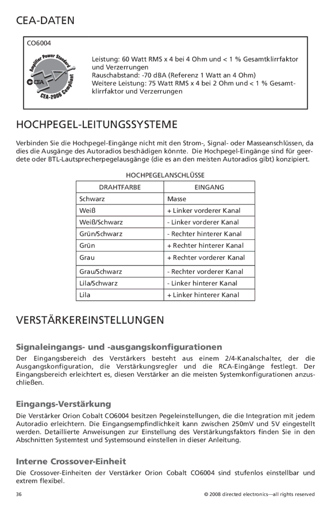 Orion Car Audio CO6004 owner manual Cea-Daten, Hochpegel-Leitungssysteme, Verstärkereinstellungen 