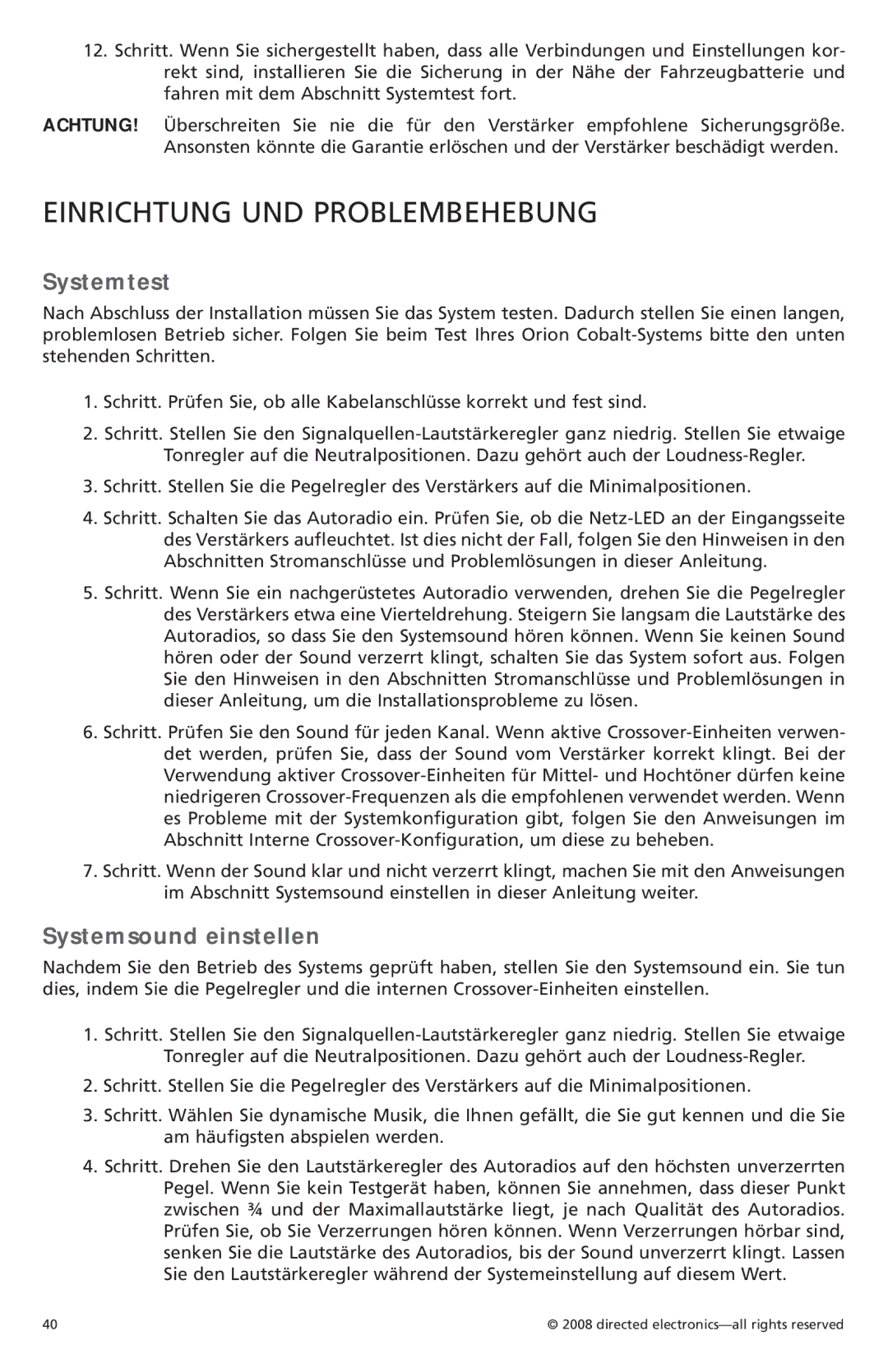 Orion Car Audio CO6004 owner manual Einrichtung UND Problembehebung, Systemtest, Systemsound einstellen 