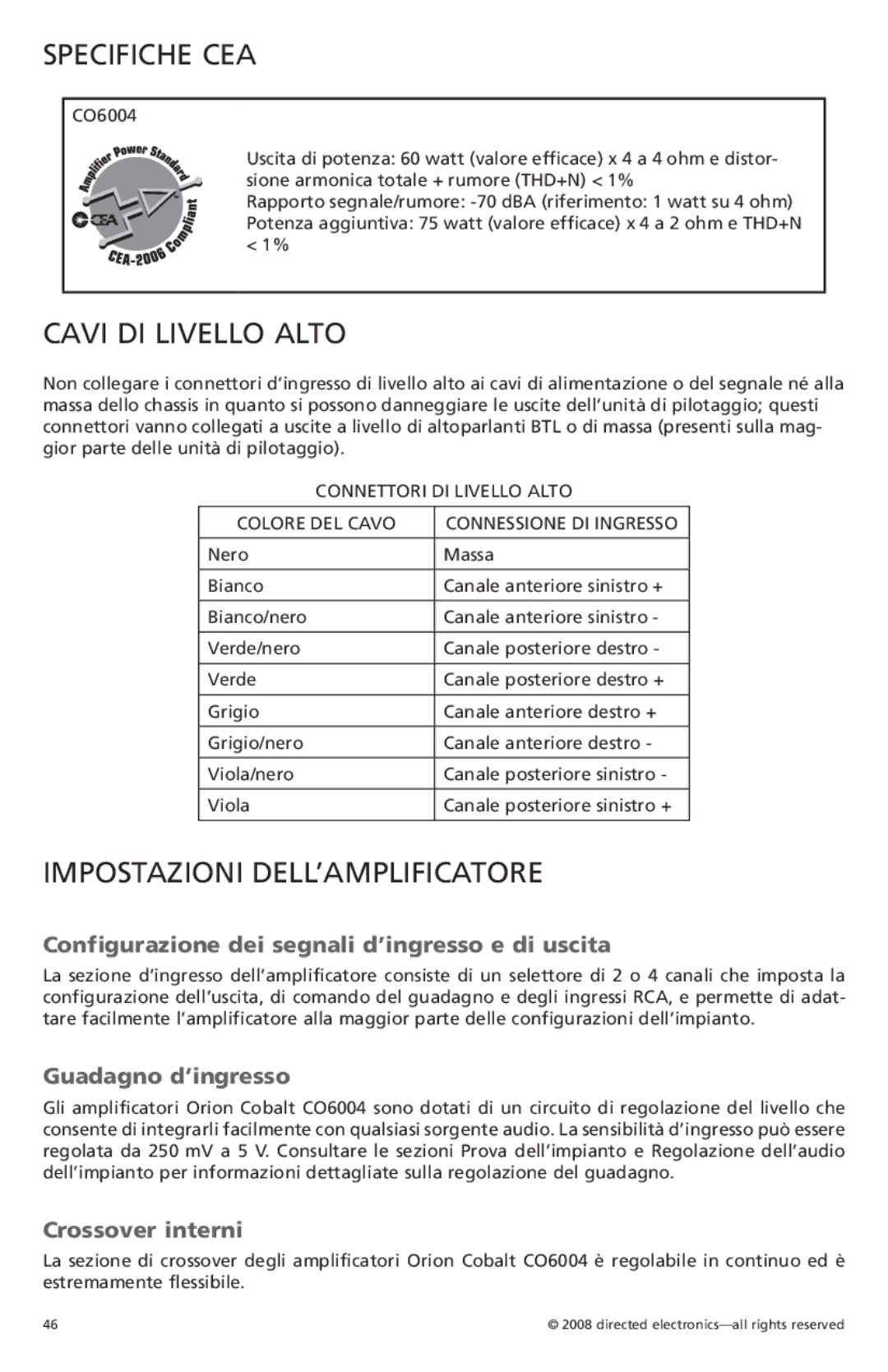 Orion Car Audio CO6004 owner manual Specifiche CEA, Cavi DI Livello Alto, Impostazioni DELL’AMPLIFICATORE 